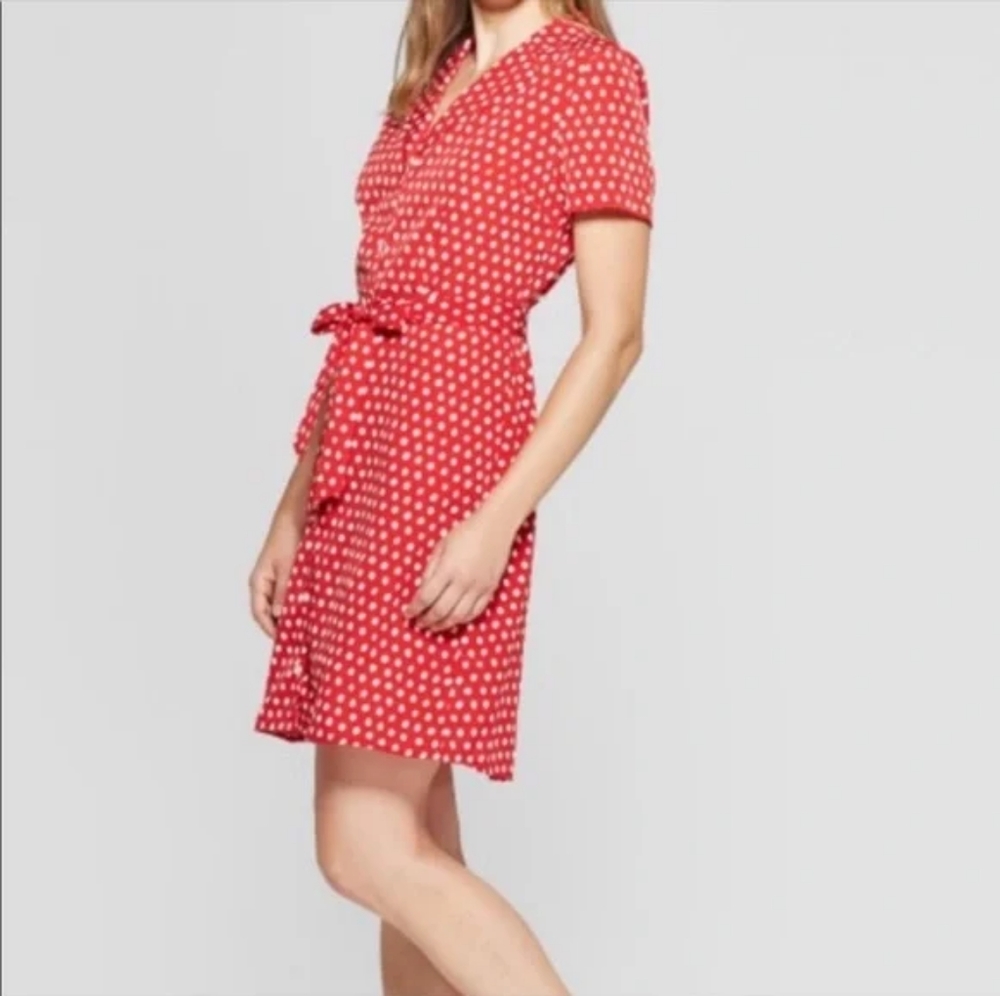 NWT A New Day Red White Polka Dot Collared Dress Button Down Tie Minnie Mouse